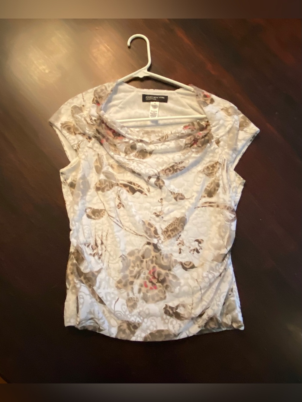Jones New York Cream Floral Printed Lace Cowl Neck Top